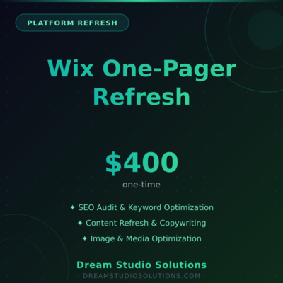 Wix One-Pager - SEO and content refresh for an existing Wix single-page site. We optimize what you have, improve search visibility, and modernize your content without rebuilding from scratch. - Available from Apex Digital Marketing
