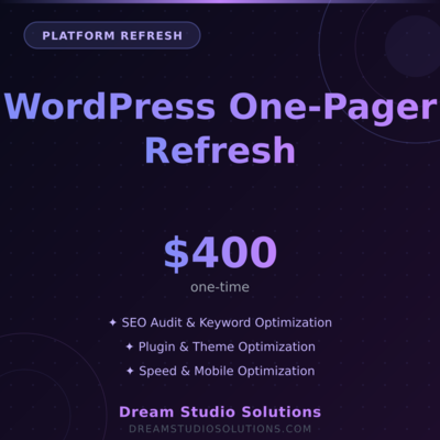 WordPress One-Pager - SEO and content refresh for an existing WordPress single-page site. We optimize your existing setup, improve rankings, and refresh content to keep your site competitive. - Available from Apex Digital Marketing